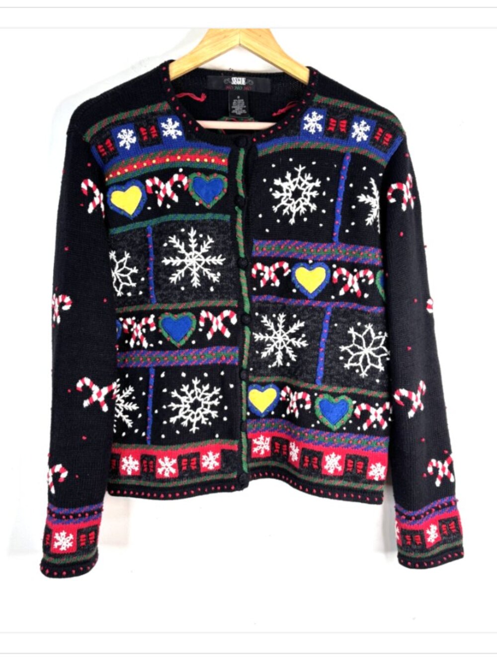 VTG 90s Christmas Cardigan S Patchwork Black Embroidered Snowflake Candy Cane